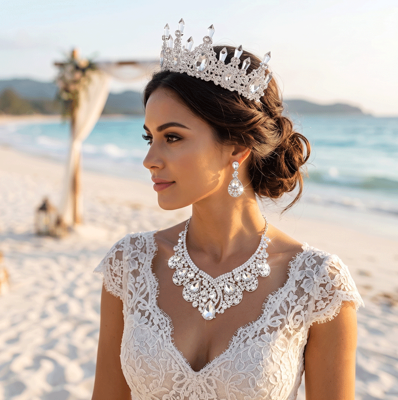 Women's Crystal Bridal Jewelry Set – Crown, Necklace & Earrings Statement Set