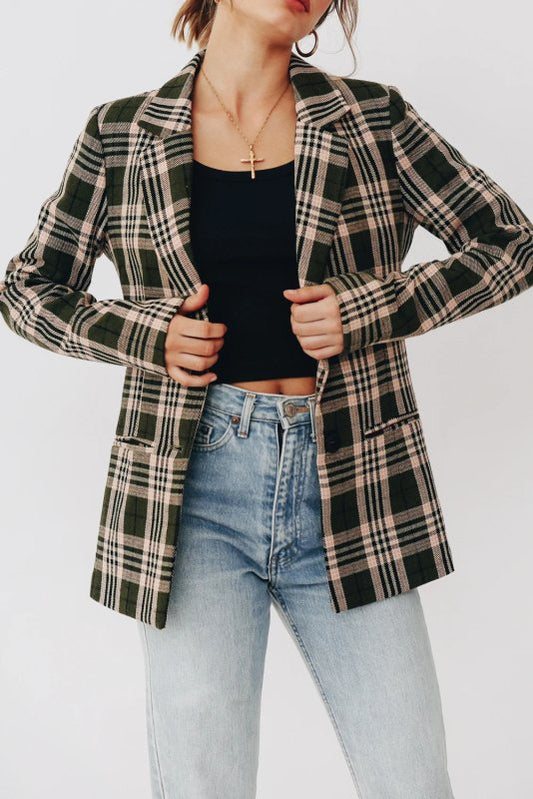 Fall Olive Green Plaid Padded Shoulder Collared Loose Blazer Elegant Casual Plaid Top