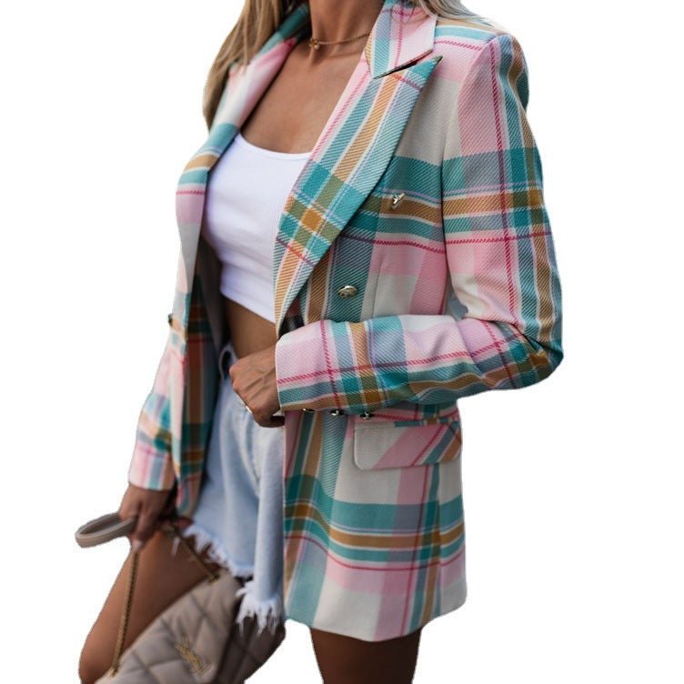 Fall Winter Collared Plaid Printed Casual Small Blazer for Women Blazer