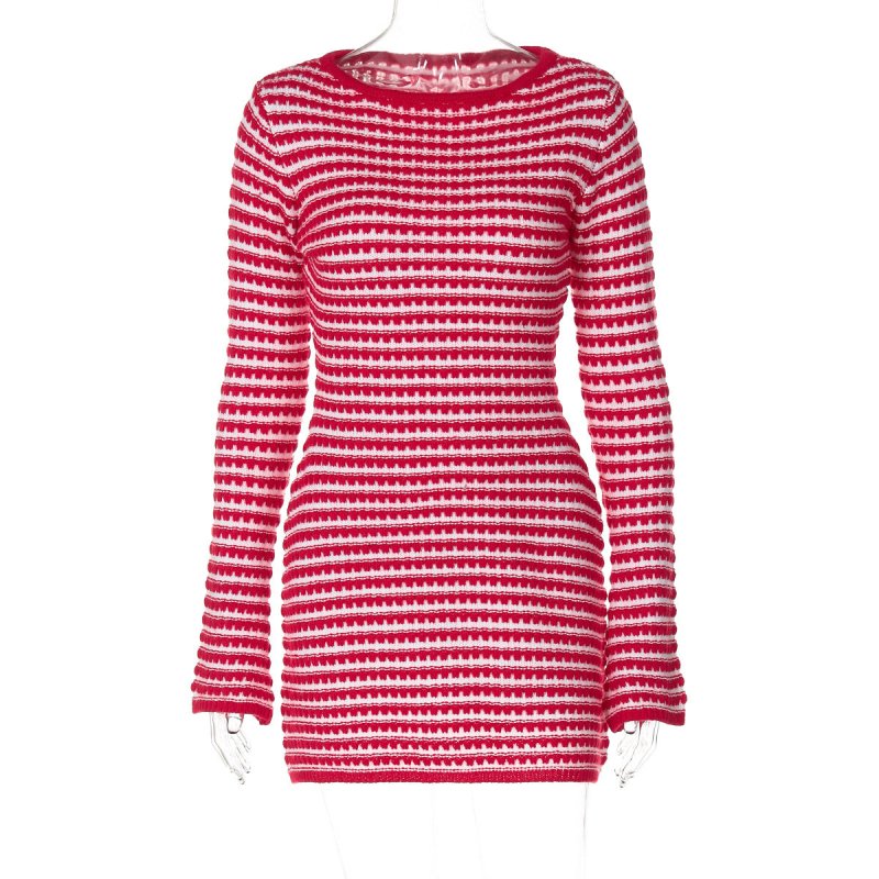 Fall Women Clothing Striped Knitted dress Long Sleeve Dress