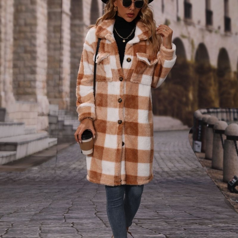 Fall Women Collared Long Sleeve Loose Plaid Single Breasted Long Plush Casual Coat