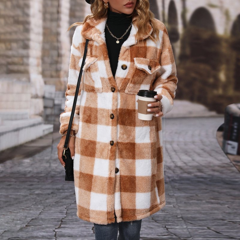 Fall Women Collared Long Sleeve Loose Plaid Single Breasted Long Plush Casual Coat