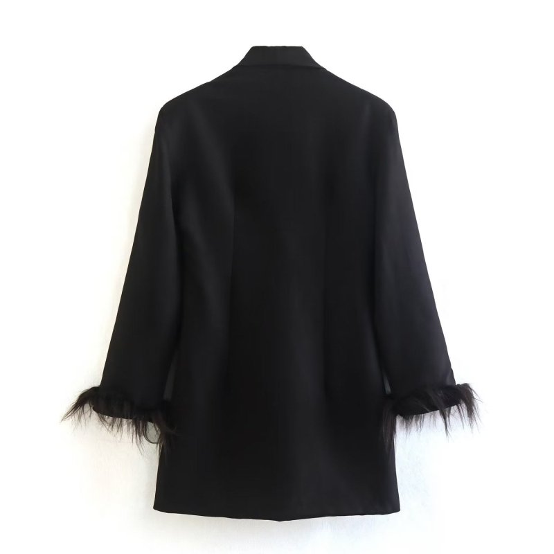 Fall Women Cuff Feather Black Blazer