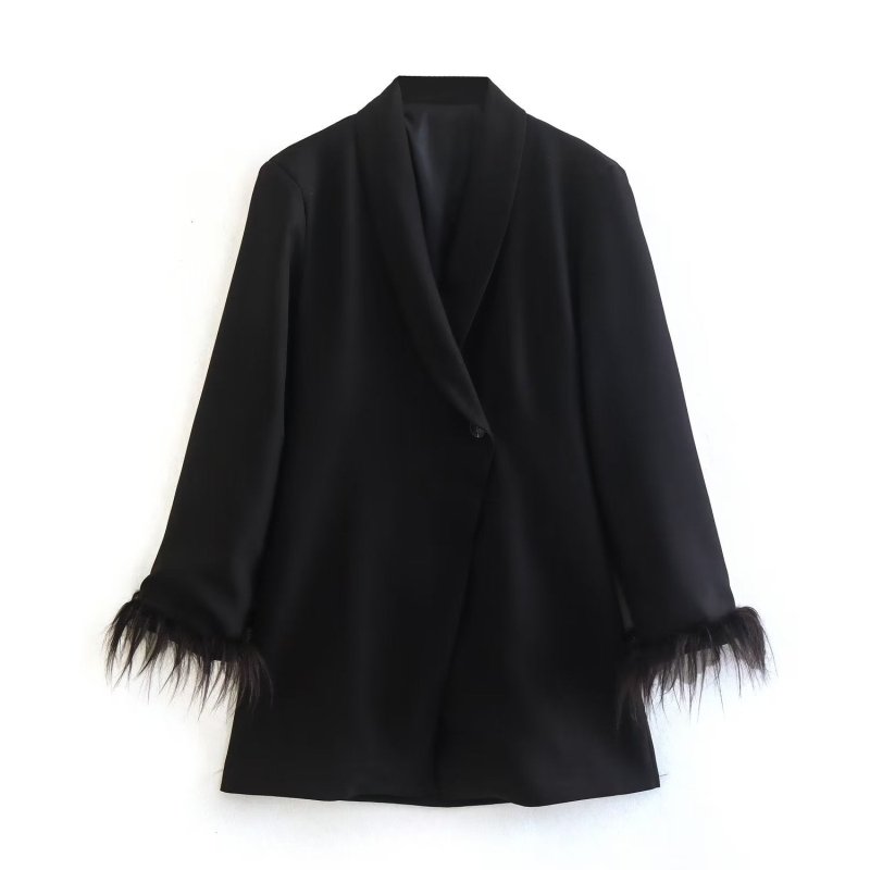 Fall Women Cuff Feather Black Blazer