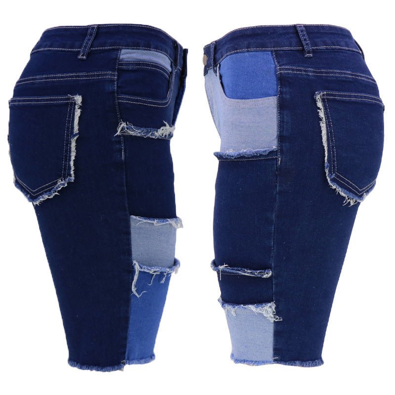 Fashion Five - Point Denim Women Pants New High Elastic Hip Lifting Patchwork Pants Popular