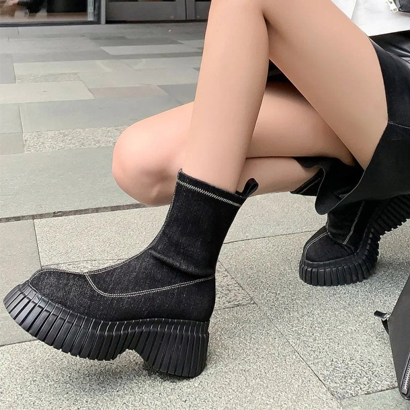 Fashion Platforms Women Stretch Short Boots Autumn Winter Genuine Leather Casual Ankle Boots Round Toe Shoes Woman