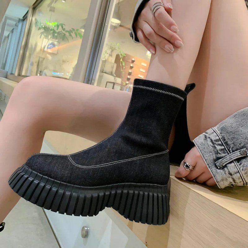 Fashion Platforms Women Stretch Short Boots Autumn Winter Genuine Leather Casual Ankle Boots Round Toe Shoes Woman