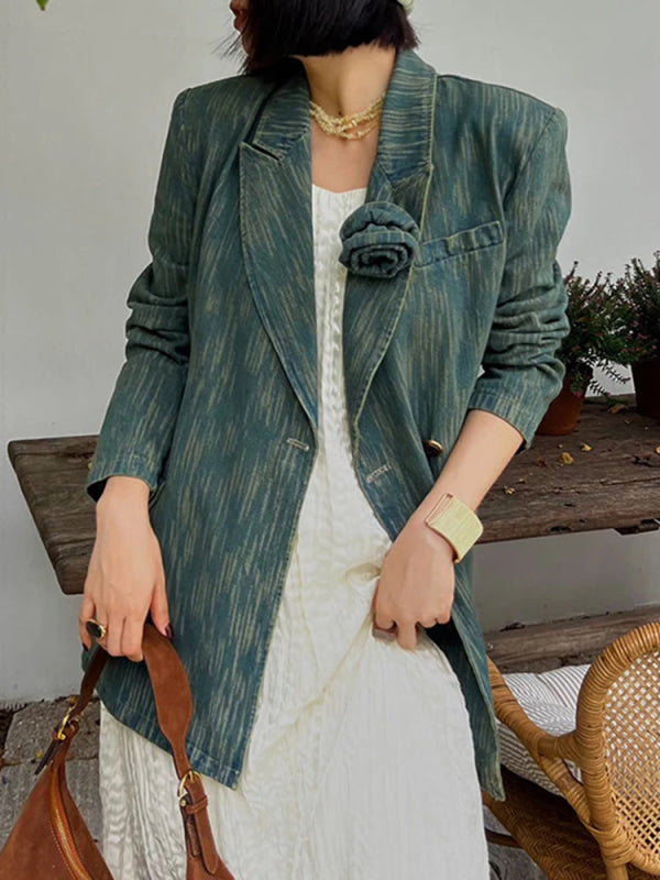 Fashion Women Blazer Notched Collar Single Button 3D Flowers Full Sleeves Dip Dye Suit Jackets