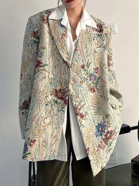 Fashion Women's Blazer Notched Collar Loose Single Breasted Long Sleeve Printed Flower Suit Jackets Autumn