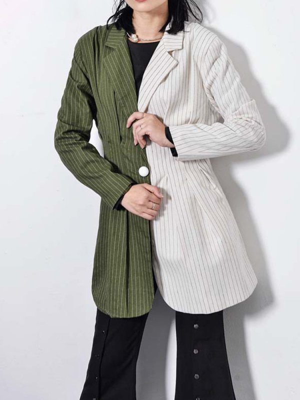 Fashion Women's Blazer Notched Collar Single Button Long Sleeve Contrast Color Stripe Suit Jackets Autumn