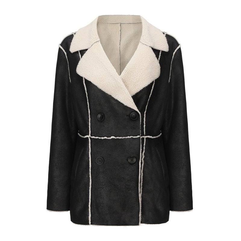 Faux Shearling Jacket Collared With Velvet Leather Coat Women Mid Length Autumn Winter Coat Suede Coat Women