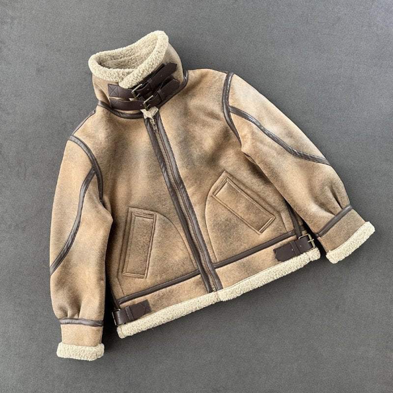 Faux Shearling Jacket Women Leather Coat Collared Warm Motorcycle Wind Coat Loose Fleece Padded Coat Autumn Winter Clothing