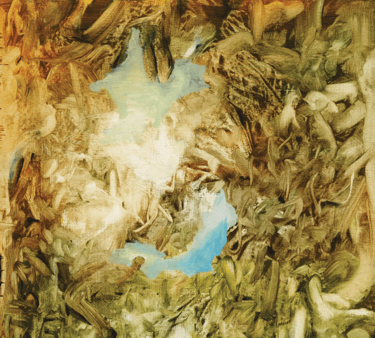 Abstract painting with earthy tones and a central blue area