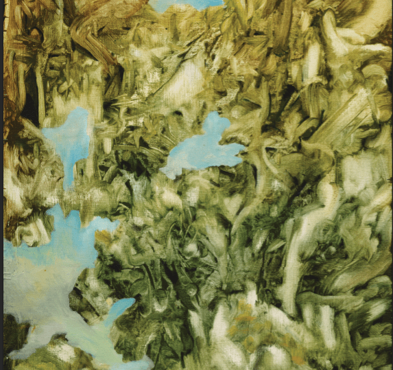Abstract artwork with a mix of earthy tones and blue accents