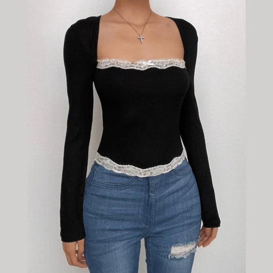 French Lace Stitching Knit Top - Slim Fit Cropped Blouse - Premium for sale