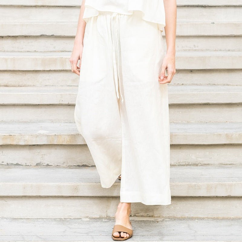 French Ramie Cotton Lace up Wide Leg Pants Summer Holiday Slimming Cropped Pants Small Straight Leg Pants