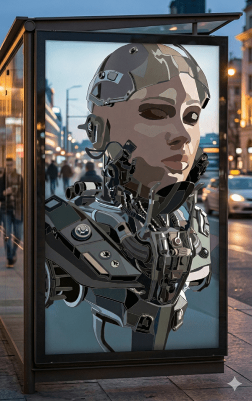 Robotic face on a bus stop screen with a city street background