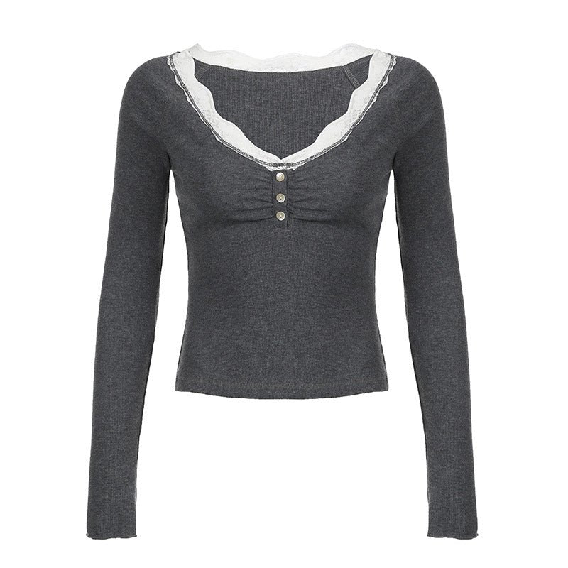 Gentle Contrast Color Lace Pleated Base Base Knitwear Preppy Girly All Matching Youthful Looking Casual Long Sleeve