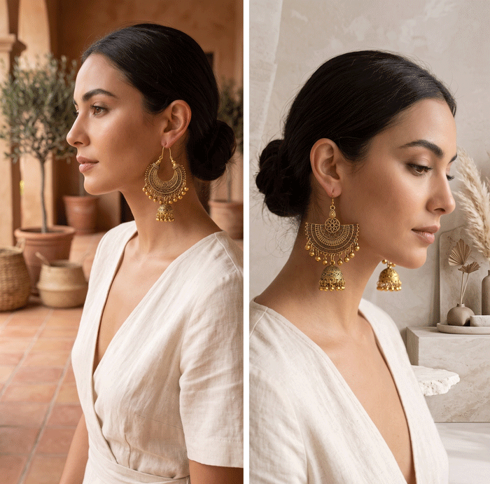 Gold Jhumka Bell Earrings – Boho Filigree Fan Drop Earrings with Tassel Charms - Premium Activewear for sale