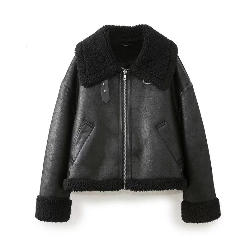 High Street Double Sided Faux Leather Polo Collar Jacket Autumn Winter Loose Casual Jacket Cold Proof Thermal Zipper Motorcycle Clothing