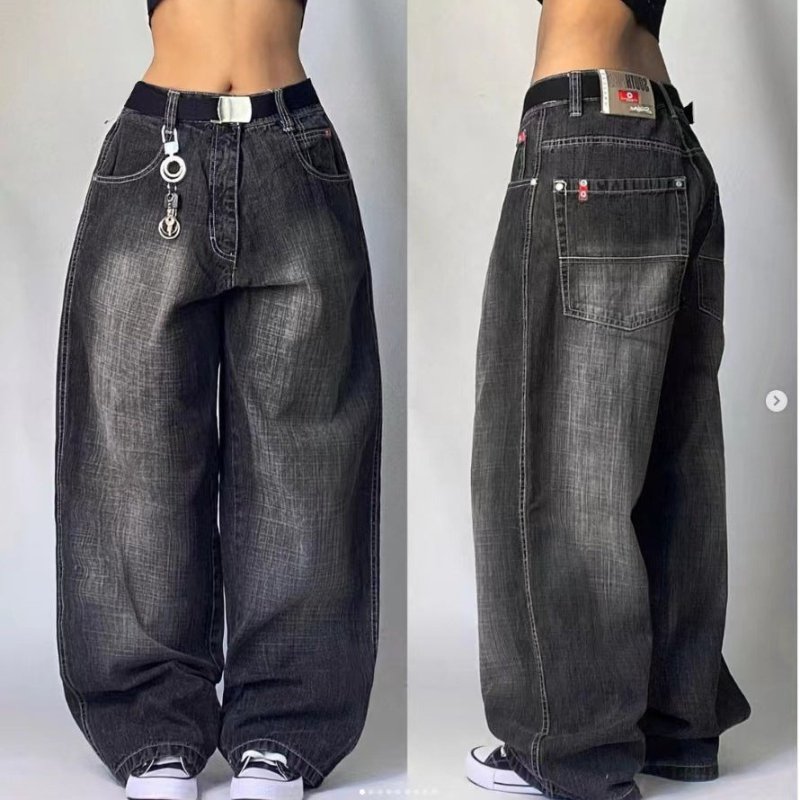 High Waist Retro Distressed Black Gray Wide - leg Jeans