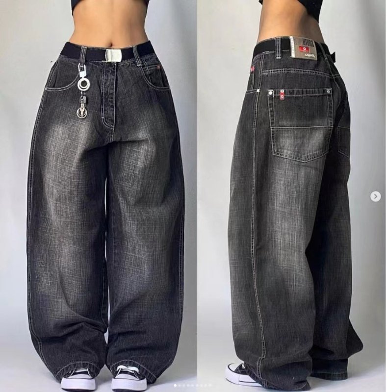 High Waist Retro Distressed Black Gray Wide - leg Jeans