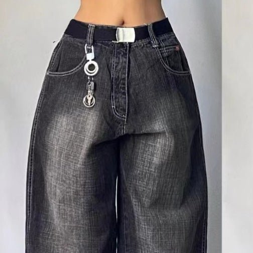 High Waist Retro Distressed Black Gray Wide - leg Jeans