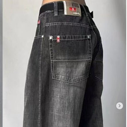 High Waist Retro Distressed Black Gray Wide - leg Jeans