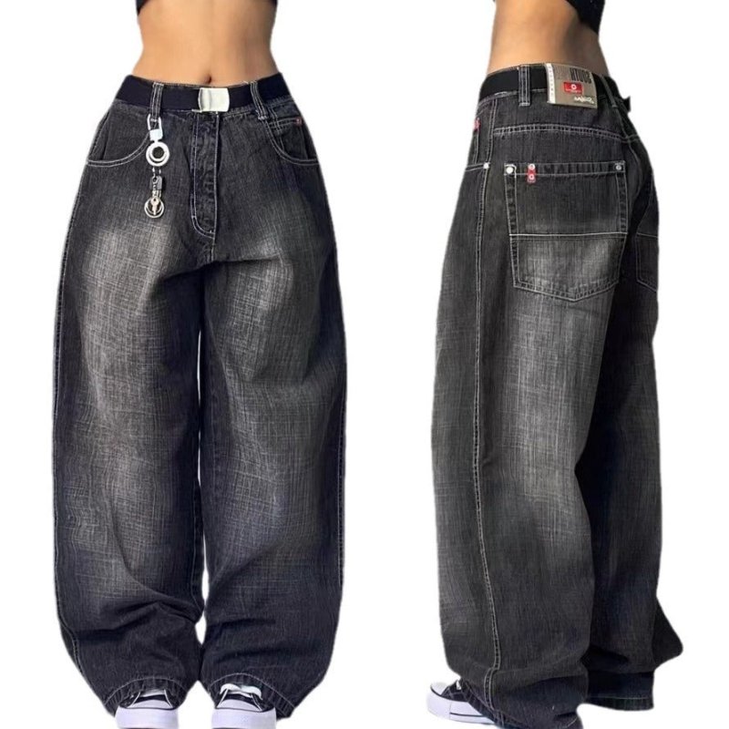 High Waist Retro Distressed Black Gray Wide - leg Jeans