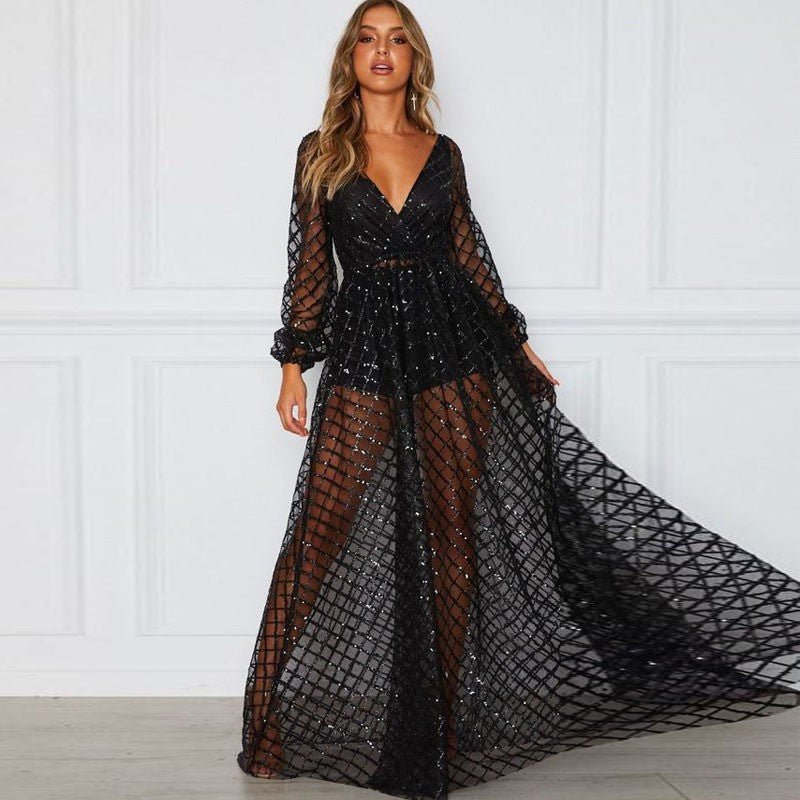 Hollowed Out Maxi Dress – Elegant Long Sleeve Women's Gown - Premium Women's Clothing for sale