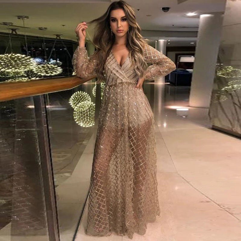 Hollowed Out Maxi Dress – Elegant Long Sleeve Women's Gown - Premium Women's Clothing for sale
