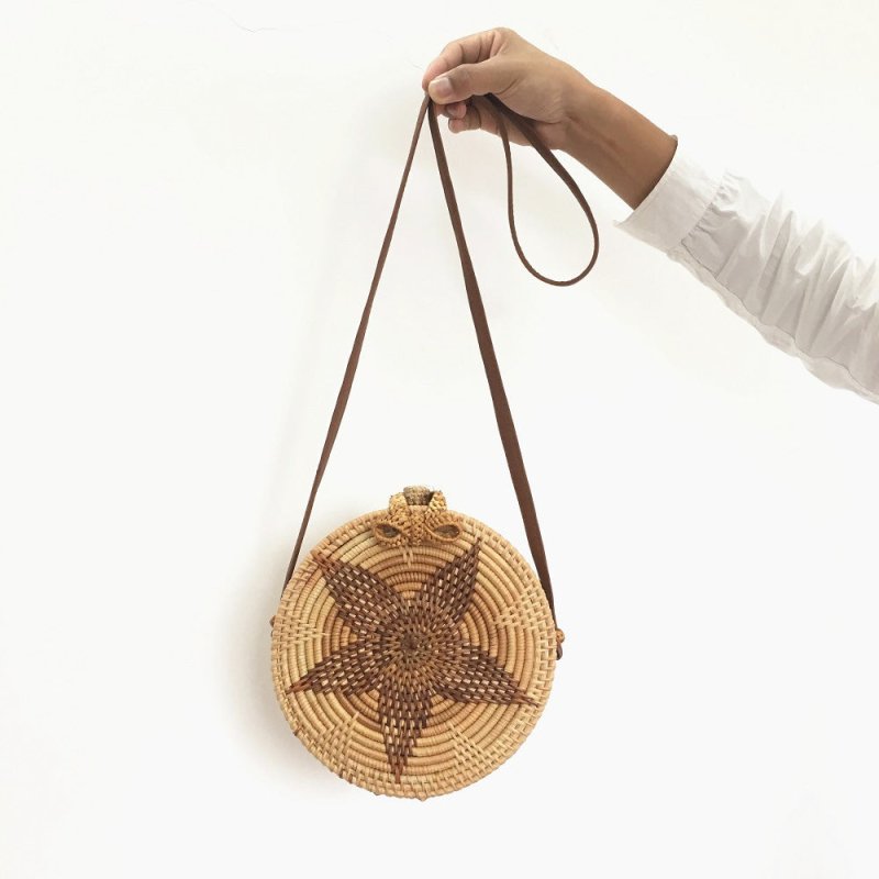 Ins Bow Rattan Round Bag Black Pentagram Sunflower Beach Shoulder Bag Messenger Bag Woven Bag