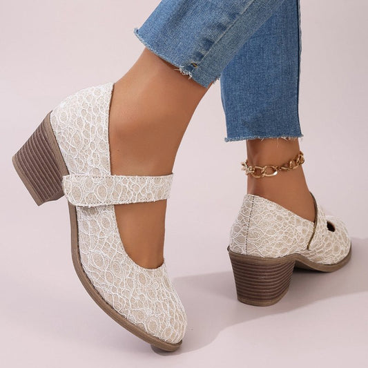 Khaki Mesh Glittering Powder Cloth Women High Heel Pumps Chunky Heel Height Increasing Women Pumps Pumps round Head GREAT - Premium shoes for sale