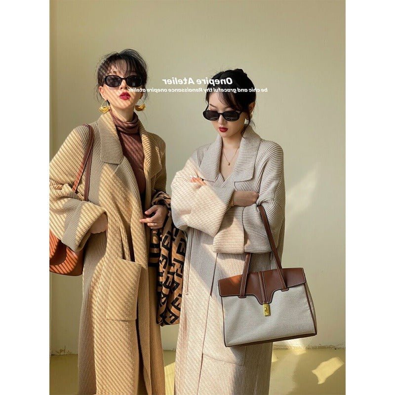 Knitting Cardigan Thicken Long Sweater Coat For Women Solid Lapel Loose Casual Vintage Clothing