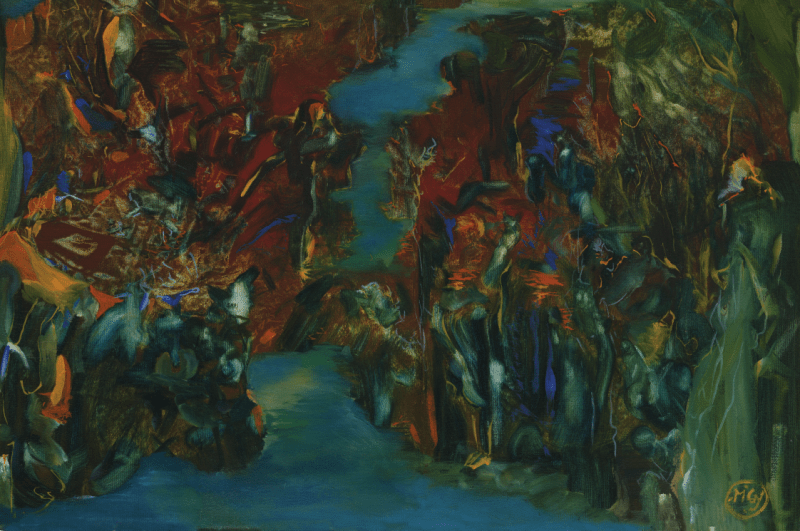 Abstract painting with vibrant colors and dynamic composition