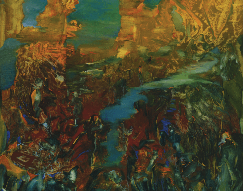 Abstract painting with a mix of warm and cool colors