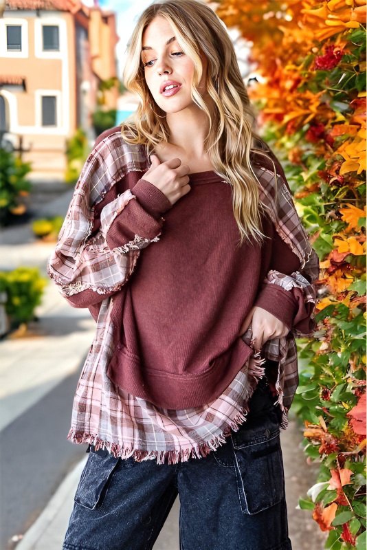 Ladies Autumn Top Cotton Waffle Plaid Stitching Washed Frayed Hem Design Loose Sweater