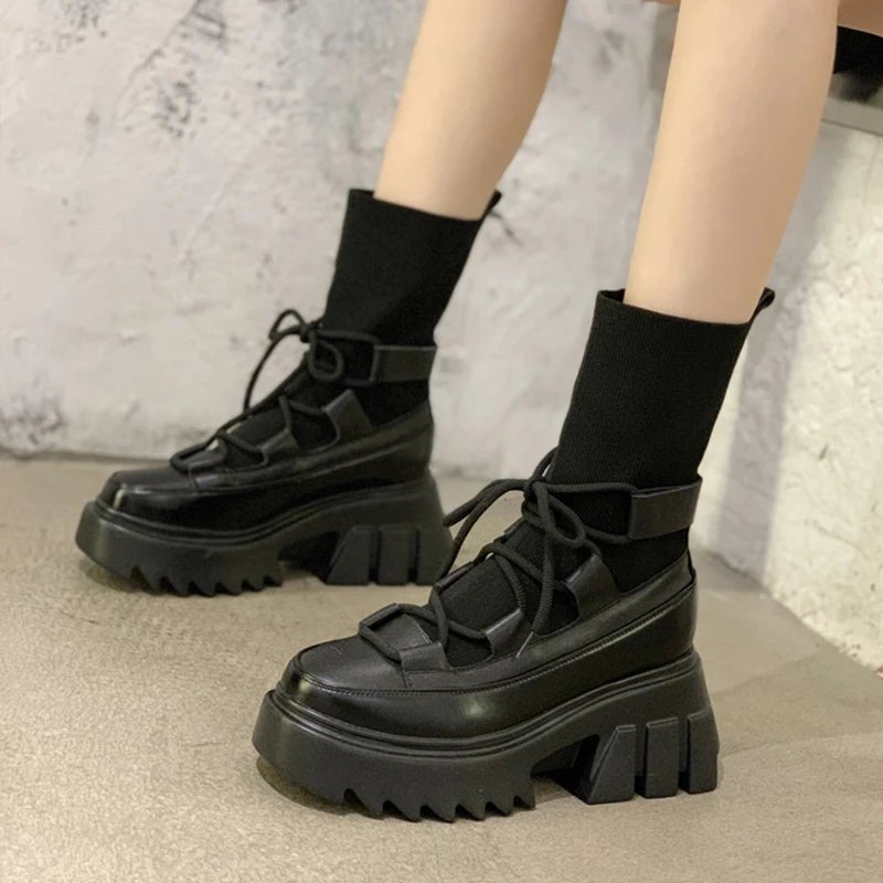 Ladies Casual Stretch Fabric Socks Boots Fashion Cross - tied Women Shoes Platform Boots Gothic Women Boots Woman