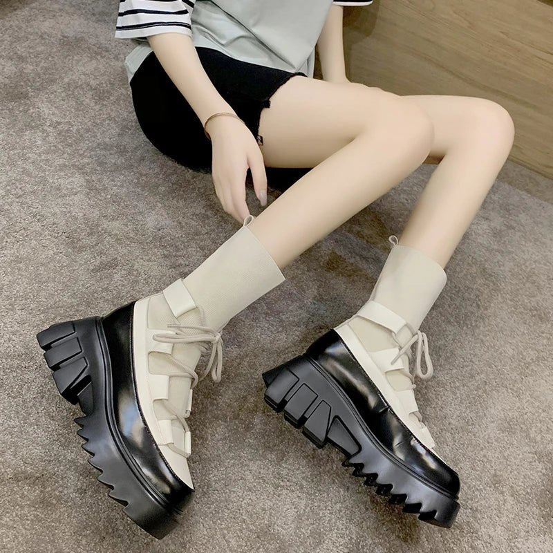 Ladies Casual Stretch Fabric Socks Boots Fashion Cross - tied Women Shoes Platform Boots Gothic Women Boots Woman