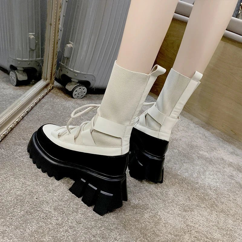 Ladies Casual Stretch Fabric Socks Boots Fashion Cross - tied Women Shoes Platform Boots Gothic Women Boots Woman