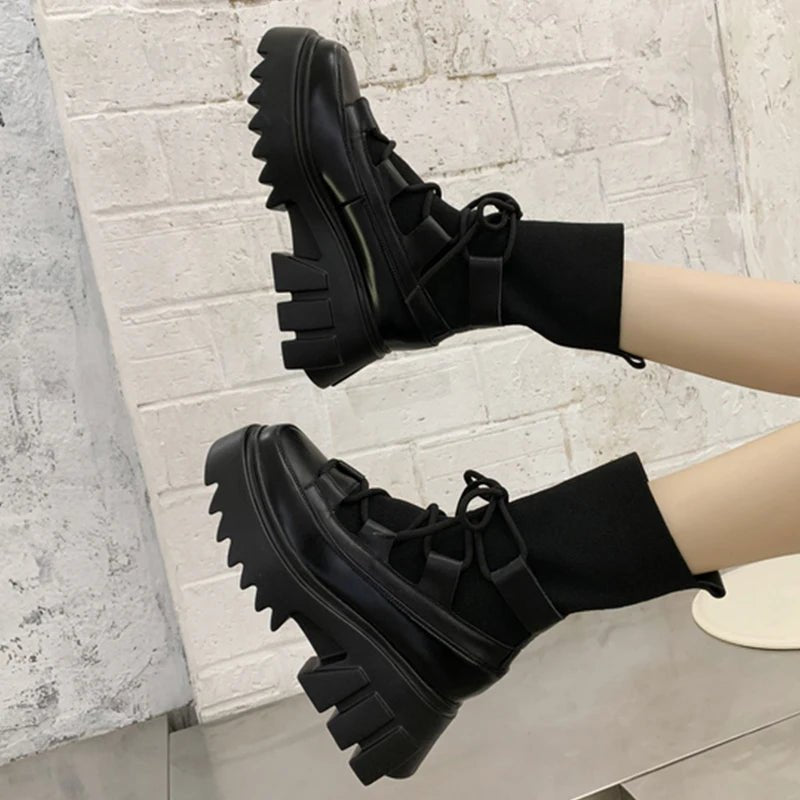 Ladies Casual Stretch Fabric Socks Boots Fashion Cross - tied Women Shoes Platform Boots Gothic Women Boots Woman