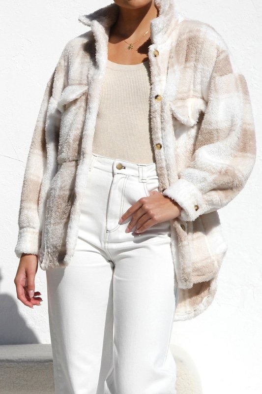 Ladies Fall Winter Jacket Arctic Plush Plaid Elegant Loose All Matching Collared Button Coat