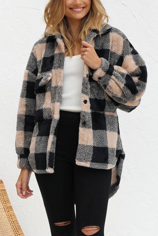 Ladies Fall Winter Jacket Arctic Plush Plaid Elegant Loose All Matching Collared Button Coat