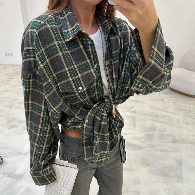 Lattice Shirt Fall Women Clothing Retro Plaid Outer Wear Loose Shirt