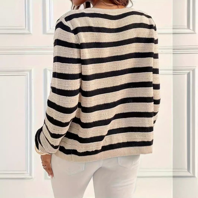 Lazy Sweater Striped Knitted Button Round Neck Cardigan Casual Outerwear Top