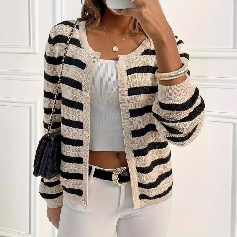 Lazy Sweater Striped Knitted Button Round Neck Cardigan Casual Outerwear Top