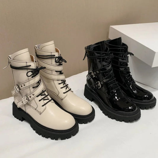 Leisure Zipper Women Ankle Boots Cross - Tied Genuine Leather Buckle Shoes Woman Autumn Winter New Casual Motorcycle Boots