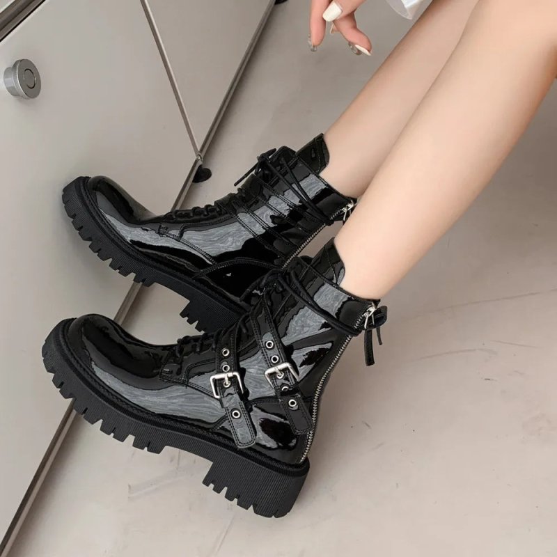 Leisure Zipper Women Ankle Boots Cross - Tied Genuine Leather Buckle Shoes Woman Autumn Winter New Casual Motorcycle Boots