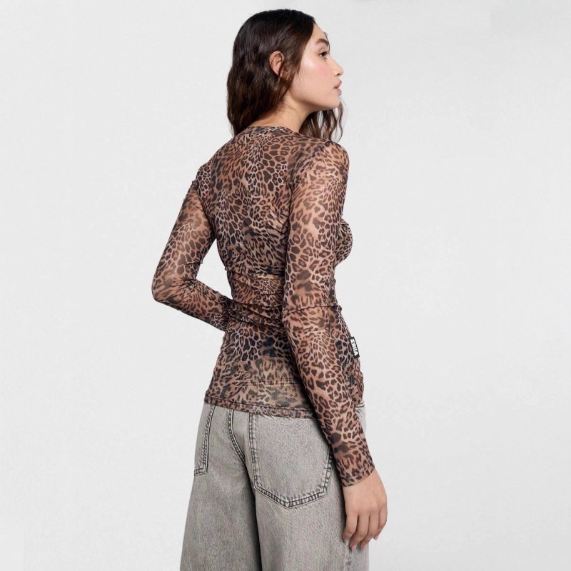 Leopard Print Mesh Top - Slim Fit Long Sleeve Blouse - Premium for sale