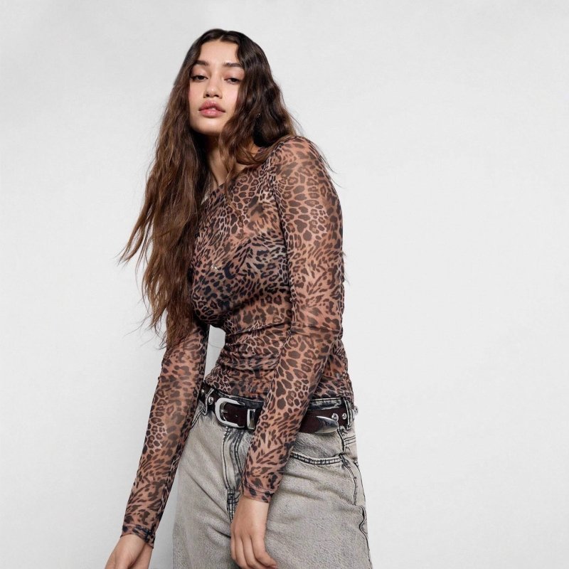 Leopard Print Mesh Top - Slim Fit Long Sleeve Blouse - Premium for sale